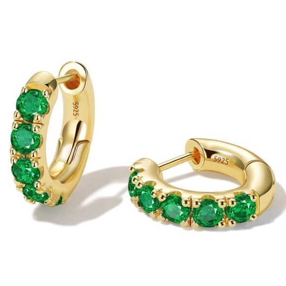 14K Yellow Gold 925 Sterling Silver Emerald Green Cubic Zirconia Huggie Earrings - Picture 1 of 7